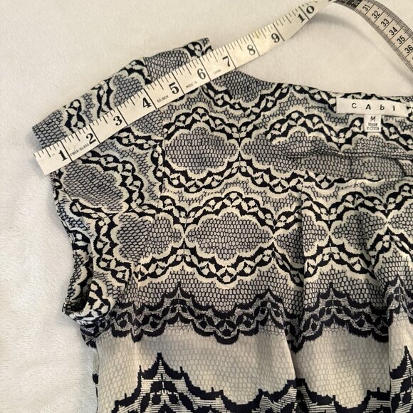 CAbi 100% Silk Women’s Top Blouse Black Gray Cream Cinch Waist Cap Sleeve Medium - Picture 14 of 15